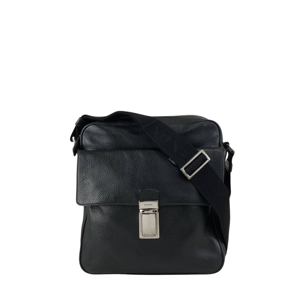 PRADA Triangle Logo Front Buckle Front Pocket Shoulder bag Black Vintage fg3jes