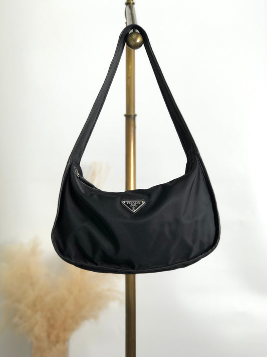 PRADA Tessuto Triangle Logo Shoulder bag Hobobag Black Vintage yctb4y