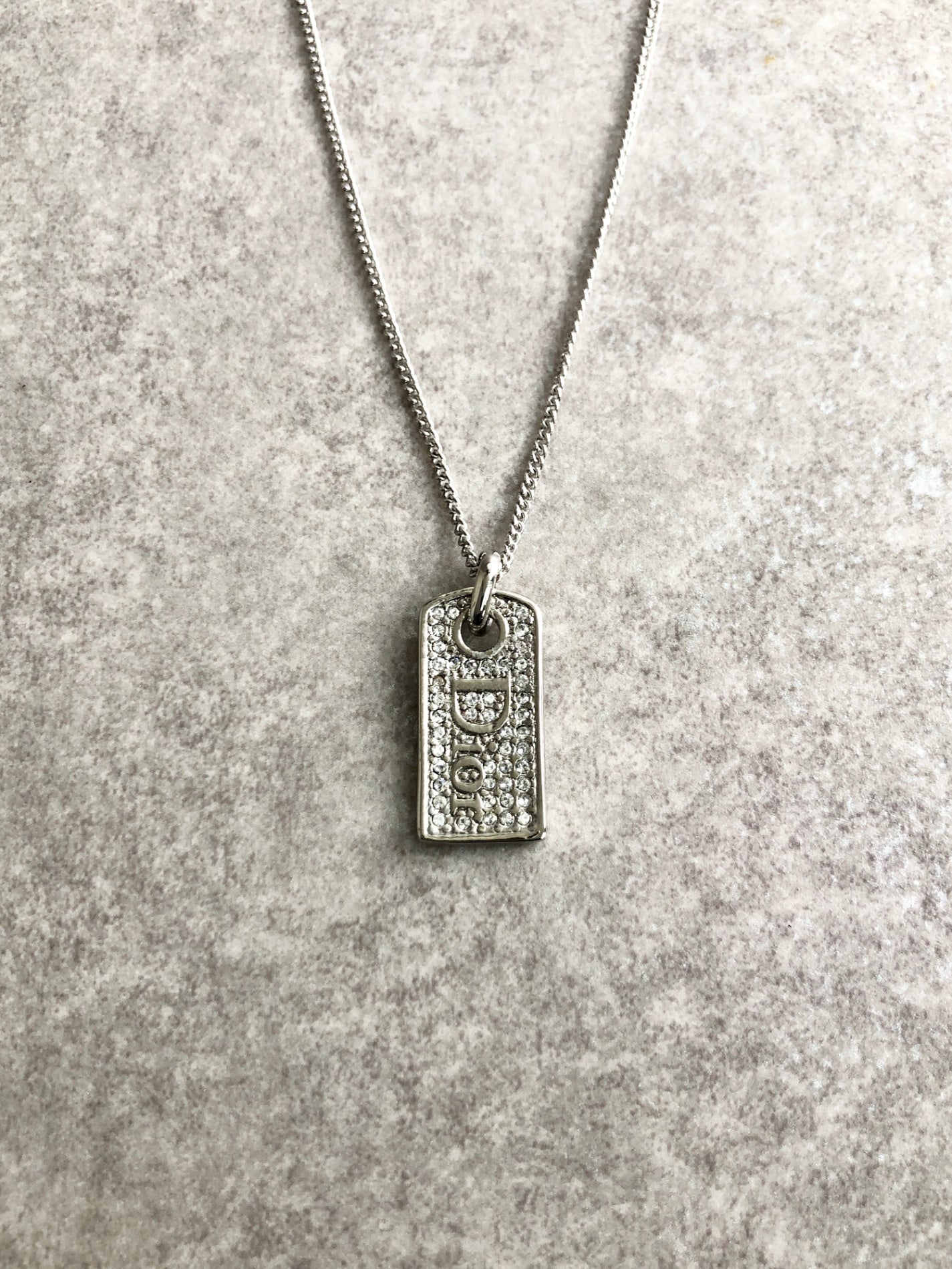 Christian Dior Logo Motif Rhinestone Necklace Silver Vintage irgybw