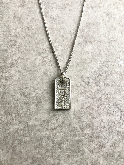 Christian Dior Logo Motif Rhinestone Necklace Silver Vintage irgybw