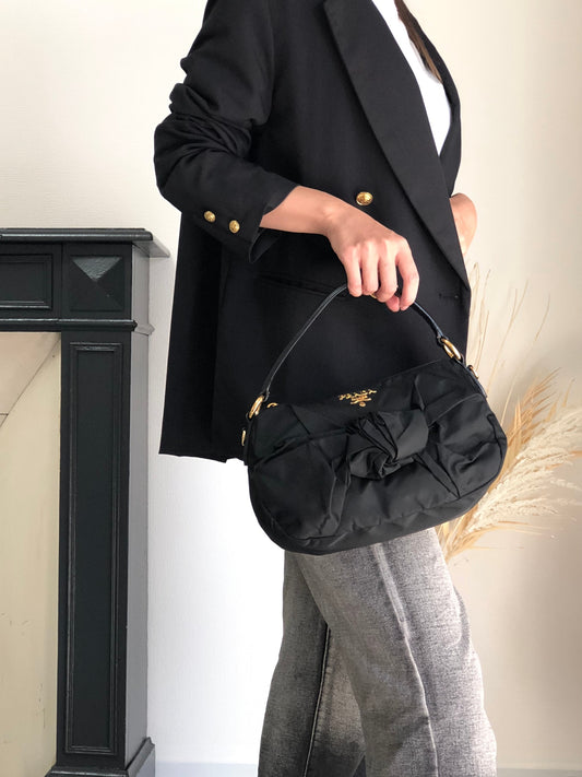 PRADA Logo Ribbon Motif Two-way Handbag Shoulder bag Black Vintage 33v85k