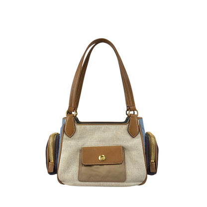PRADA Triangle Logo Multi Pocket Handbag Totebag Beige×Blue Vintage fkki3a