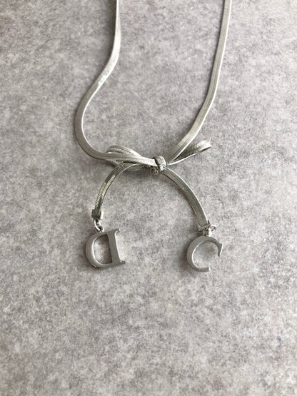 Christian Dior CD Logo Ribbon Necklace Silver Vintage xxdfsh