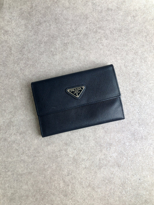 PRADA Triangle Logo Trifold Wallet Navy Vintage drpp55