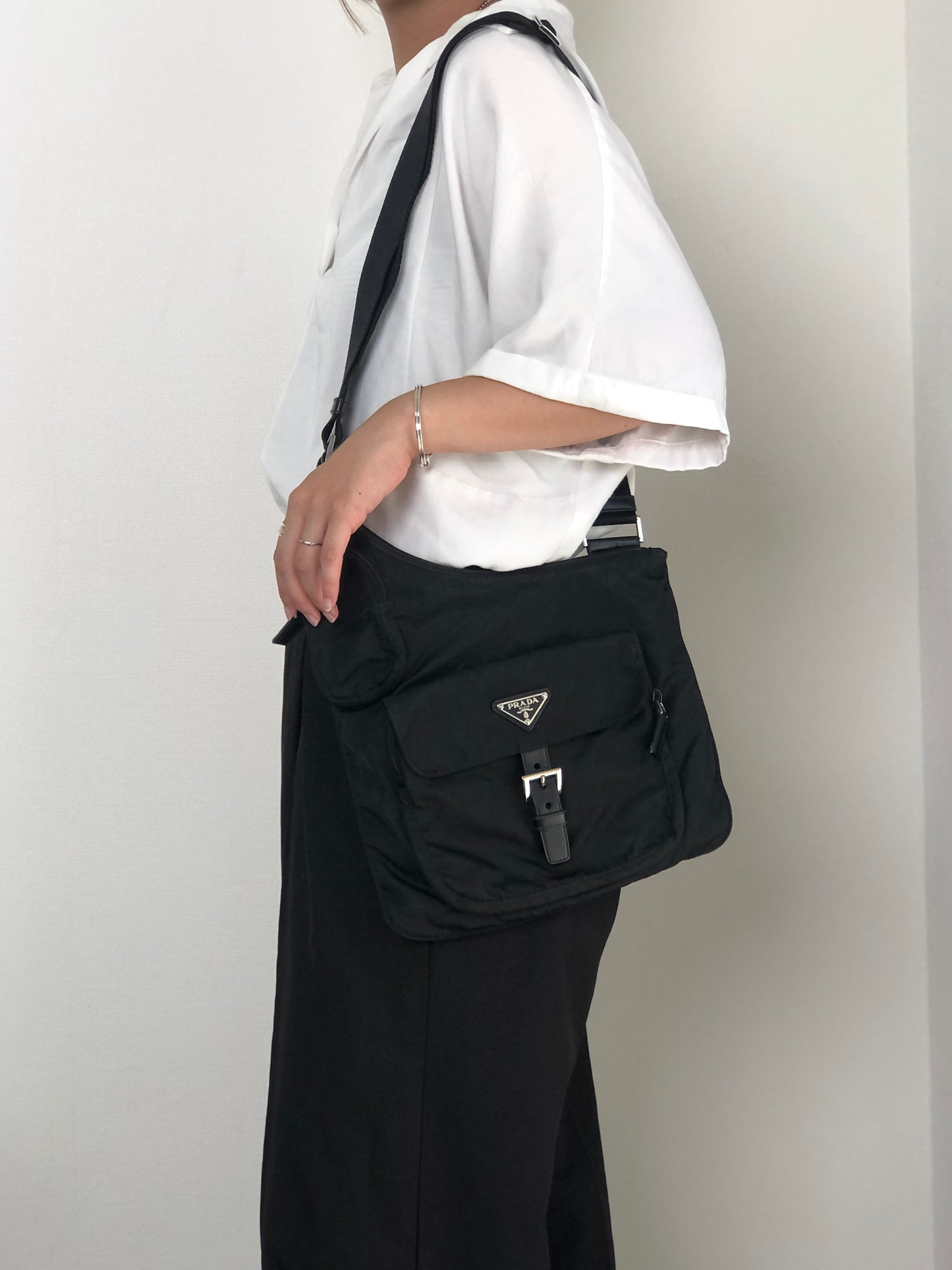 PRADA Tessuto Triangle Logo Front Buckle Shoulder bag Black Vintage h7n4ka