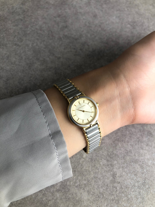 Yves Saint Laurent YSL Logo Quartz Watch Silver×Gold Vintage cxgd6h