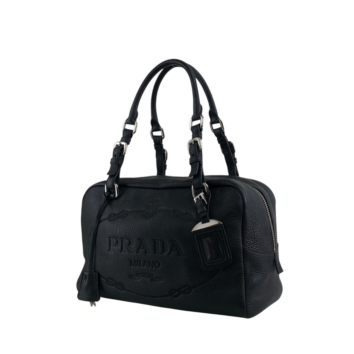PRADA Logo Embossed Small Boston bag Handbag Black Vintage 6kdc52