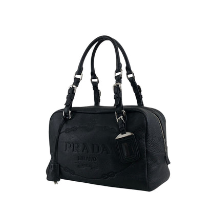 PRADA Logo Embossed Small Boston bag Handbag Black Vintage 6kdc52