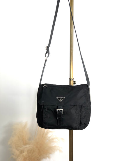PRADA Tessuto Triangle Logo Front Buckle Shoulder bag Black Vintage g8uwx8