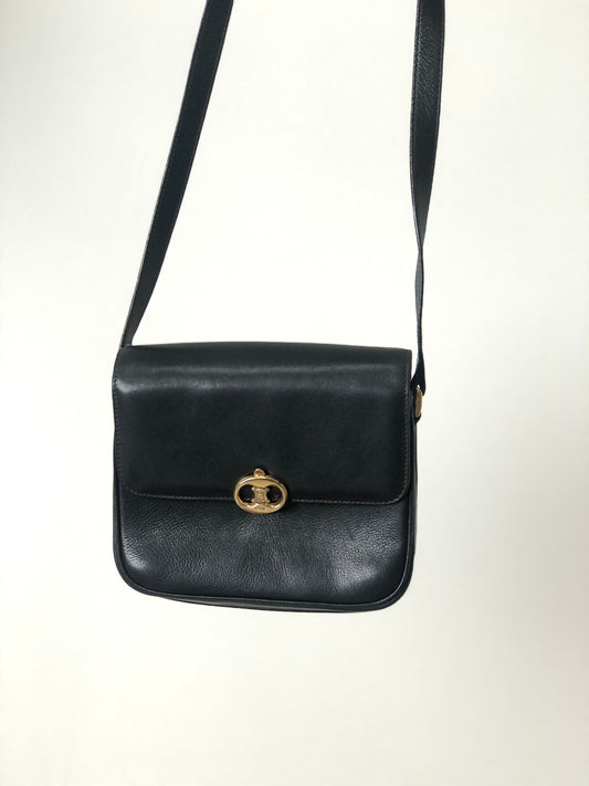 CELINE Blason Leather Shoulder bag Black Vintage hzmtvx