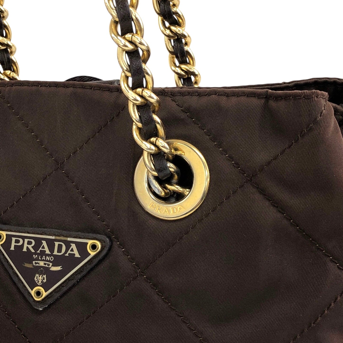 PRADA Triangle Logo Chain Shoulder bag Brown Vintage da3gbv