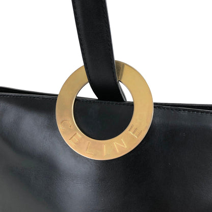 CELINE Circle Logo Leather Shoulder bag Black Vintage ysacmv