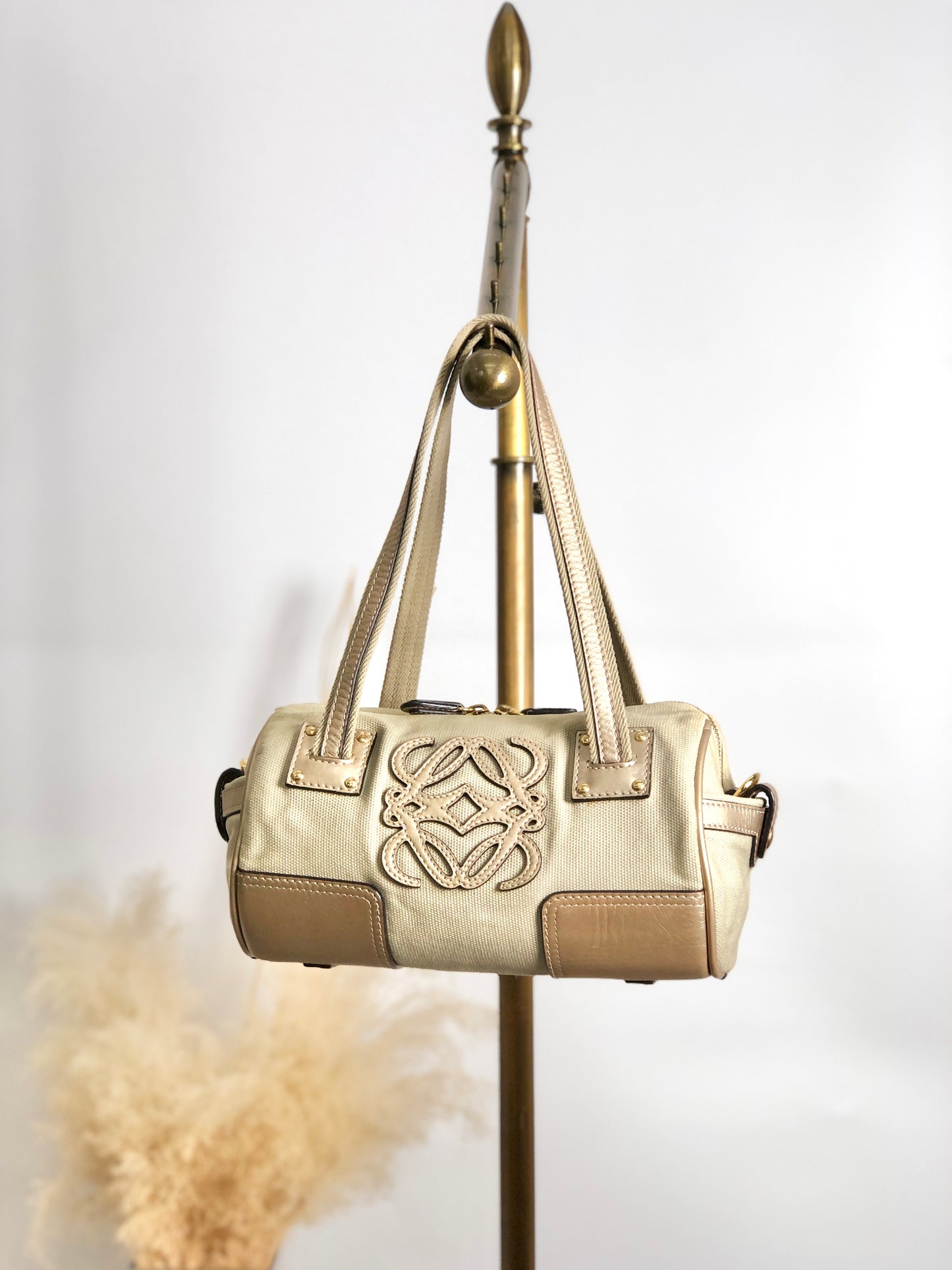 LOEWE Anagram Small Boston bag Handbag Beige Vintage mym6vr