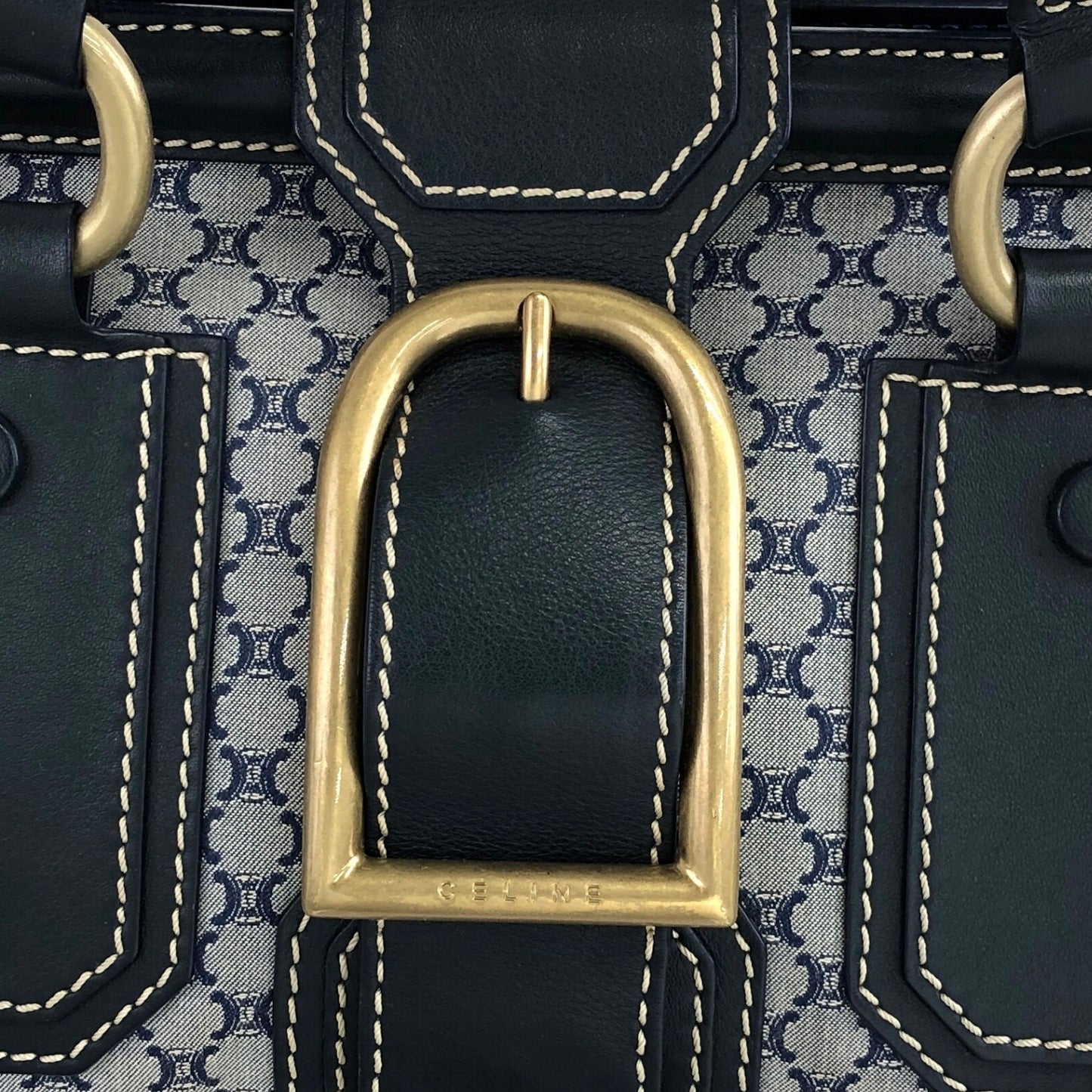 CELINE Blason Front Buckle Handbag Boston bag Navy Vintage jpjjy3