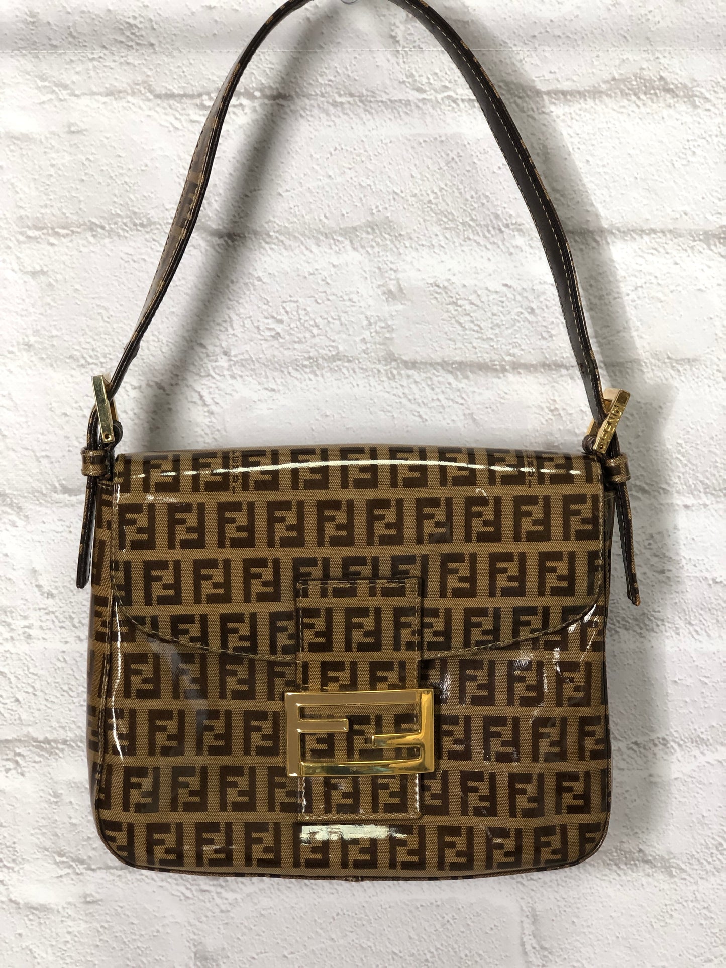 FENDI Zucchino Patent Shoulder bag Brown Vintage abp8me