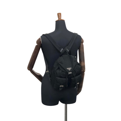 PRADA Tessuto Triangle Logo Double Pocket Backpack Black Vintage rikdef