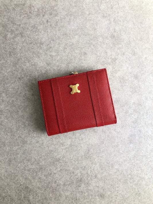 CELINE Triomphe Metal Clasp Folded Wallet Red Vintage ab46v7