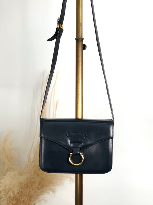 CELINE Gancini Shoulder bag Navy Black Vintage f3dnha