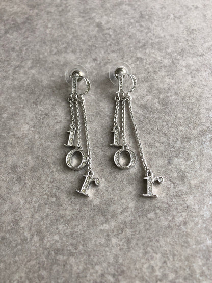 Christian Dior Logo Rhinestone Pierced Silver Vintage y8nugf