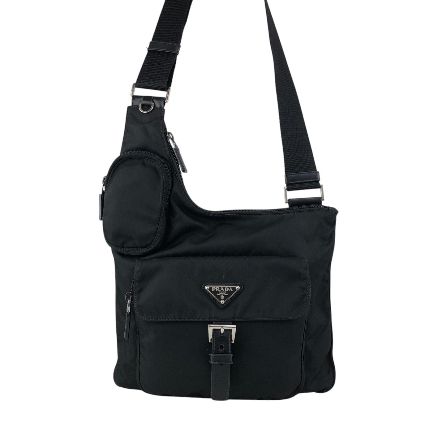 PRADA Tessuto Triangle Logo Front Buckle Shoulder bag Black Vintage h7n4ka