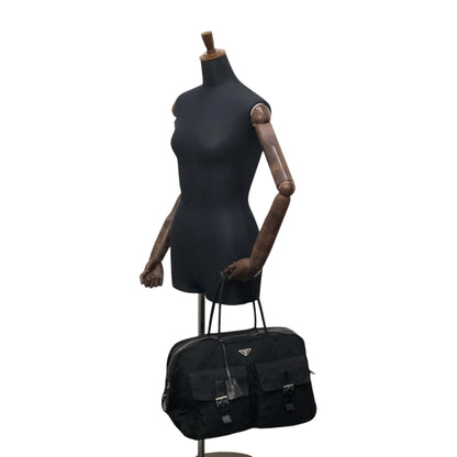 PRADA Tessuto Triangle Logo Double Pocket Handbag Boston bag Black Vintage 84gcbc