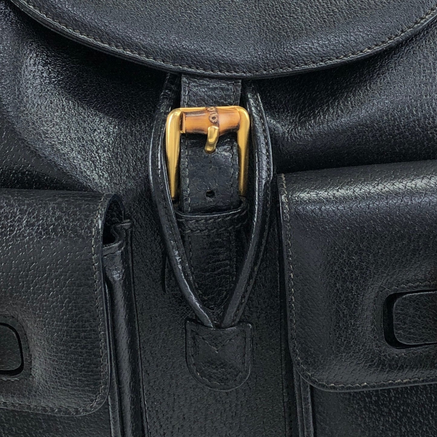 GUCCI Bamboo Front Buckle Backpack Black Vintage i34ihz