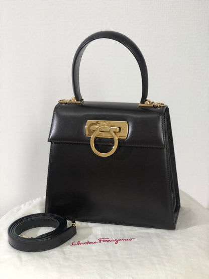 Salvatore Ferragamo Gancini 皮革雙向手提包斜背包單肩包棕色復古 k3zp2e