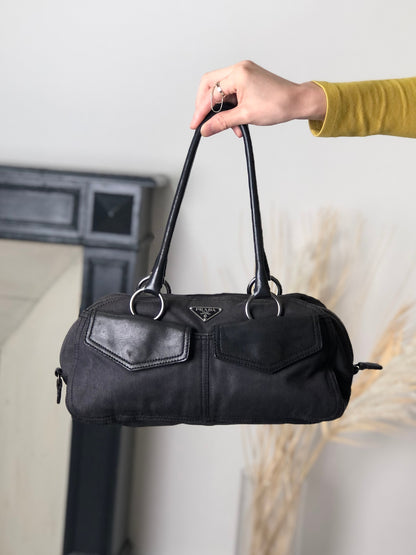 PRADA Triangle Logo Front Pocket Small Boston bag Handbag Black Vintage 7uz66d