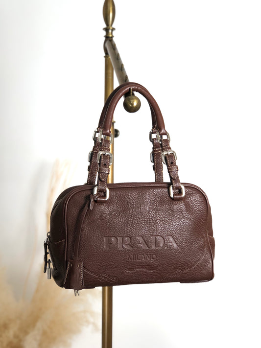 PRADA Logo Embossed Handbag Boston bag Brown Vintage pn7xkf