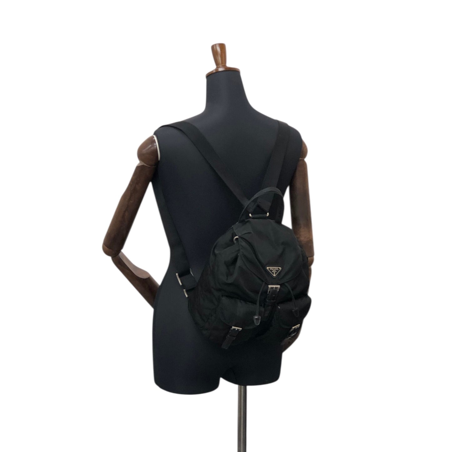 PRADA Tessuto Triangle Logo Double Pocket Backpack Black Vintage najw37