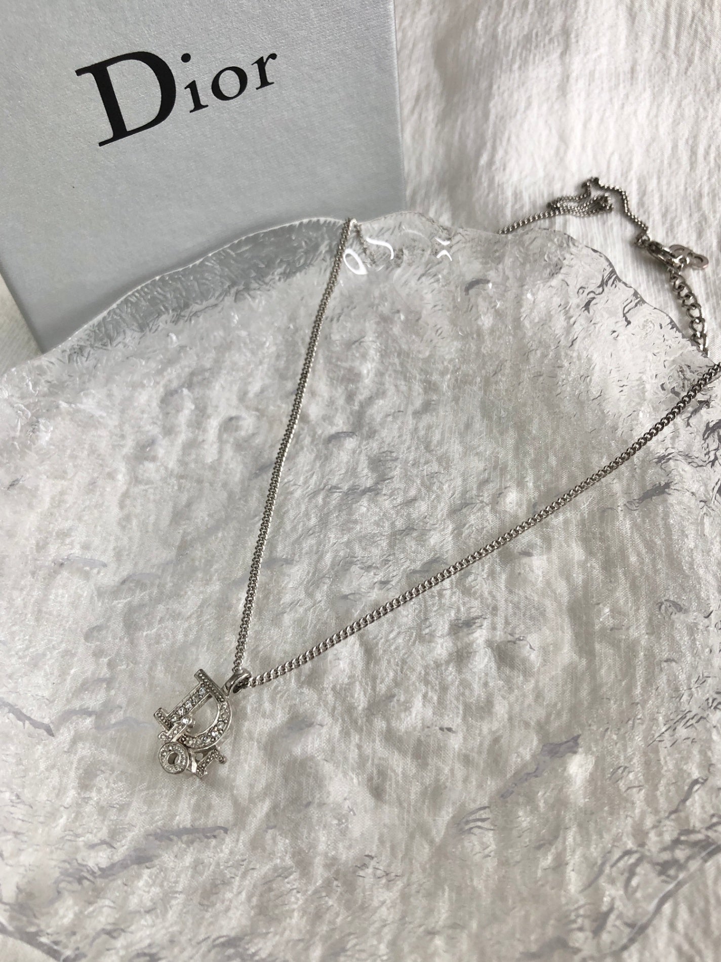 Christian Dior Logo Motif Rhinestone Necklace Silver Vintage zm2rcu