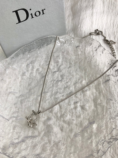 Christian Dior Logo Motif Rhinestone Necklace Silver Vintage zm2rcu