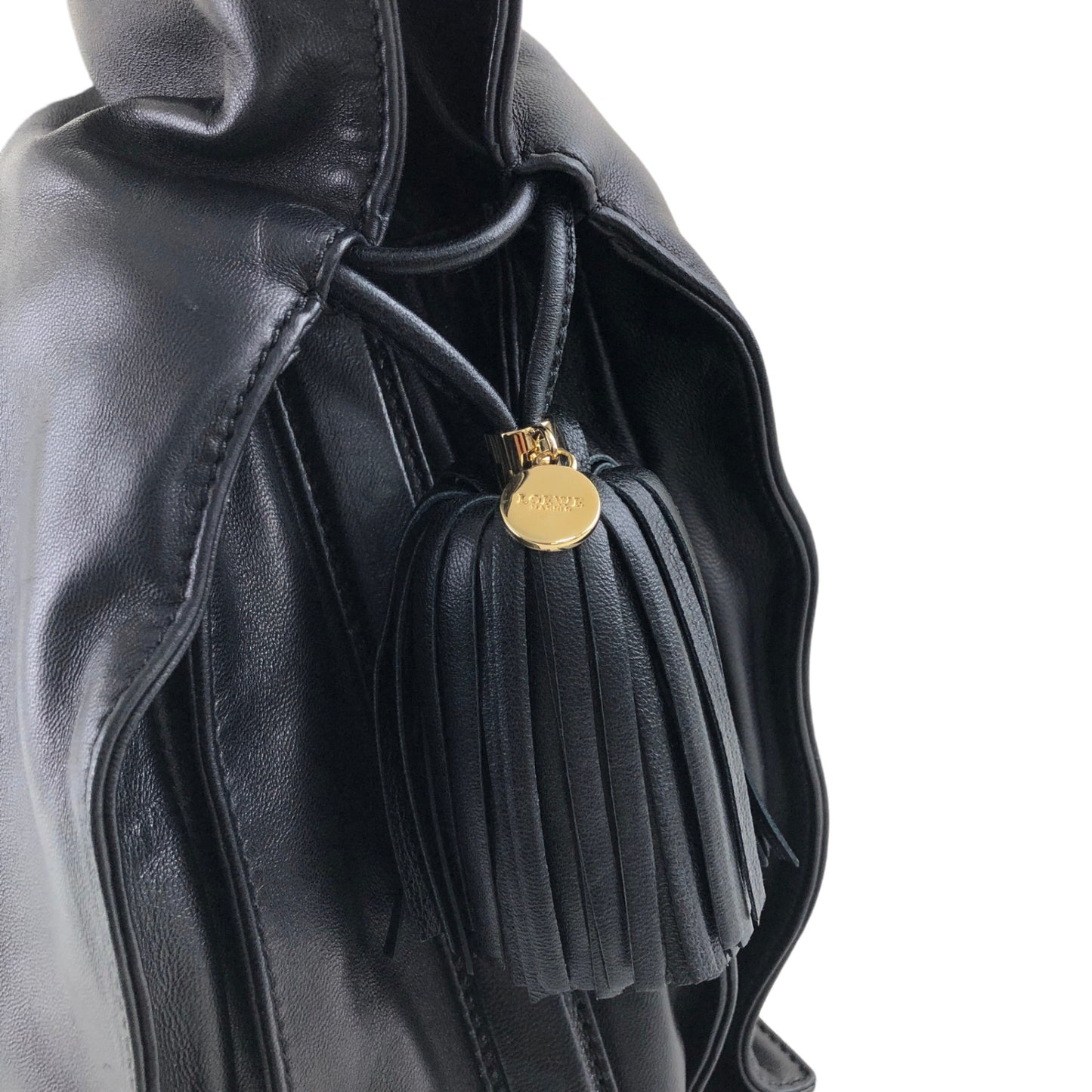 LOEWE Anagram Flamenco Tassel Leather Drawstring Shoulder bag Black Vintage 48h5vg