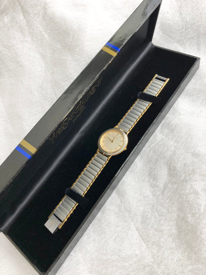 Yves Saint Laurent YSL Logo Quartz Watch Silver×Gold 4620-E62267Y Vintage iymii4