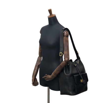 CELINE Gancini Front Pocket Drawstring Shoulder bag Black Vintage 3gt2jh