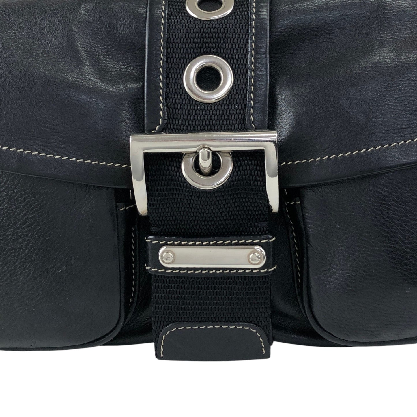 PRADA Triangle Logo Front Buckle Double Pocket Shoulder bag Black Vintage vjewiz