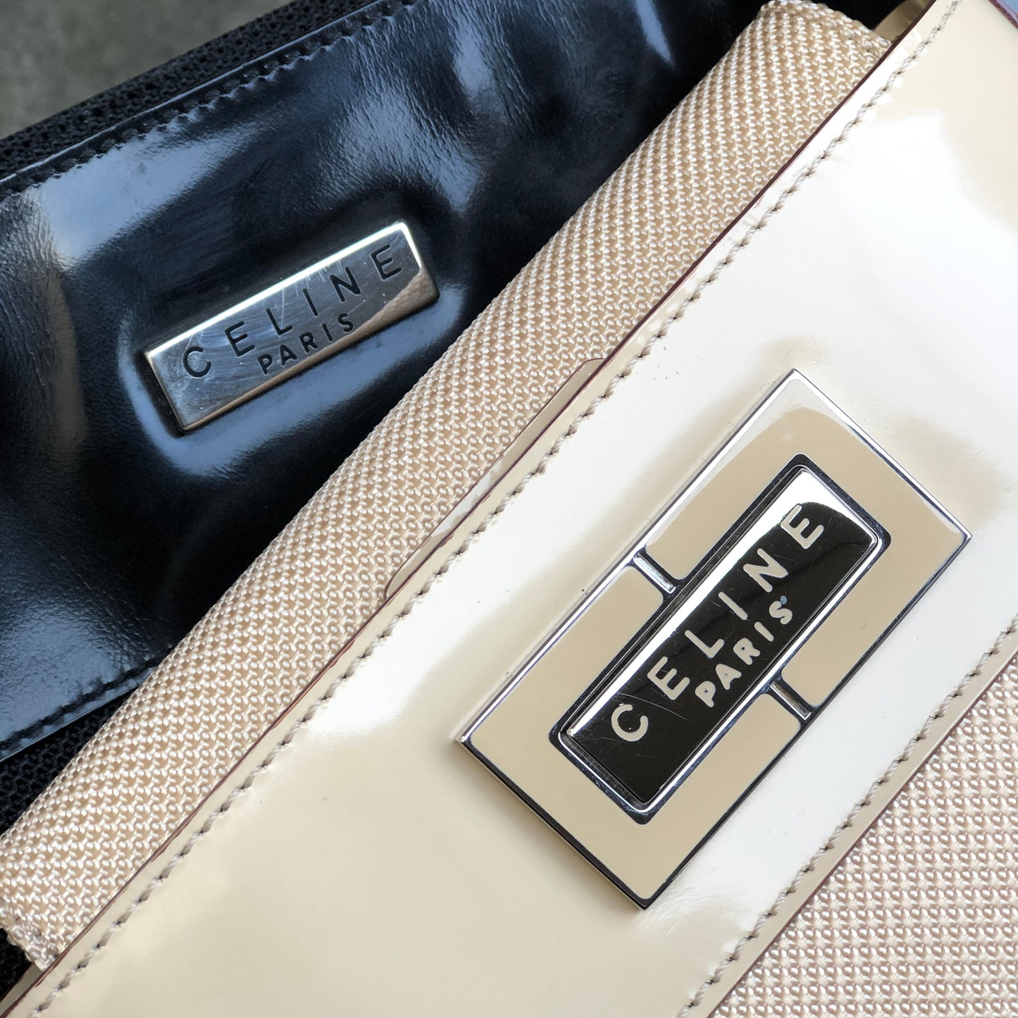 CELINE Plate Logo Nylon Enamel Mini Bag Pochette Shoulder Bag Beige Vintage Old Celine 27b7s8