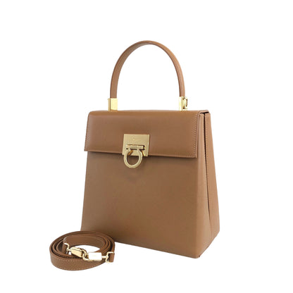 Salvatore Ferragamo Gancini  Leather Two-way Handbag Shoulder bag Light Brown Vintage 8u32cx