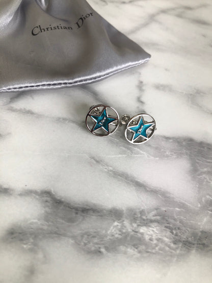 Christian Dior Logo Circle Star Earrings Silver Vintage fkd34r
