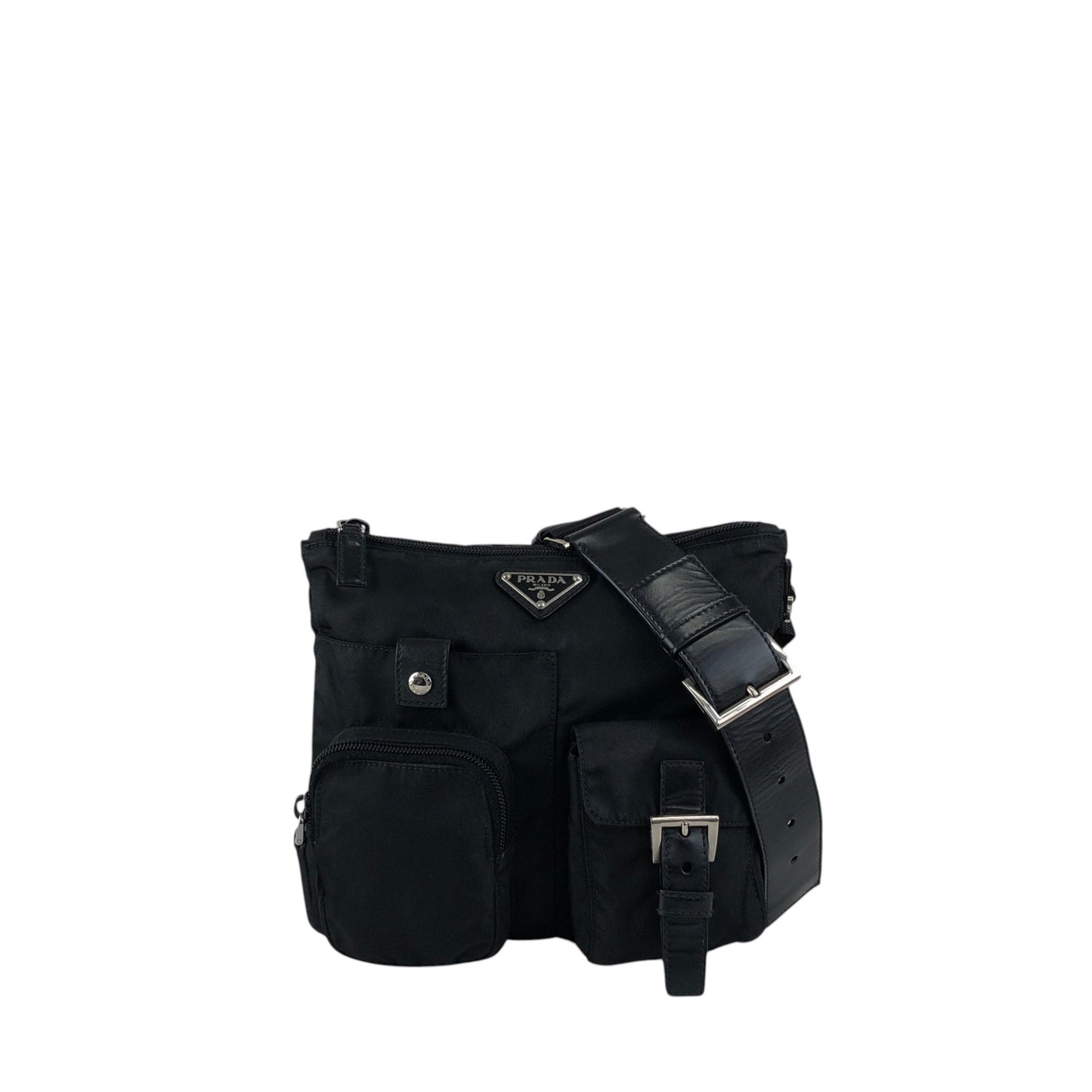 PRADA Tessuto Triangle Logo Front Buckle Front Pocket  Shoulder bag Black Vintage ikphwn