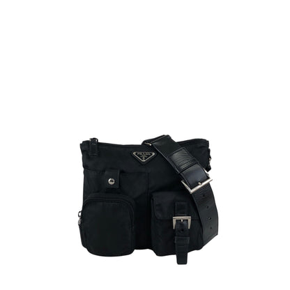 PRADA Tessuto Triangle Logo Front Buckle Front Pocket  Shoulder bag Black Vintage ikphwn