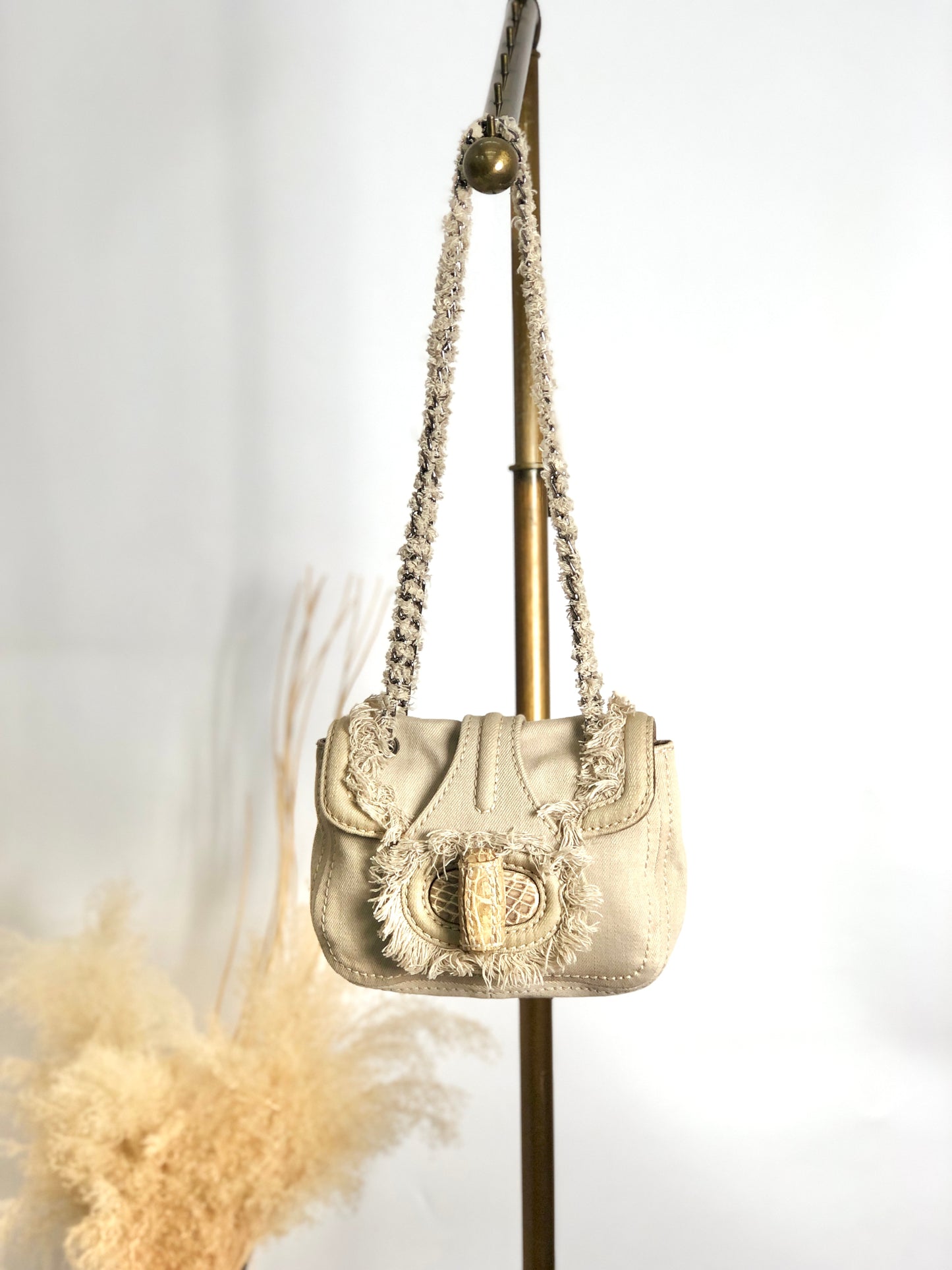 PRADA Triangle Logo Turn Lock Shoulder bag Beige Vintage hrktdk