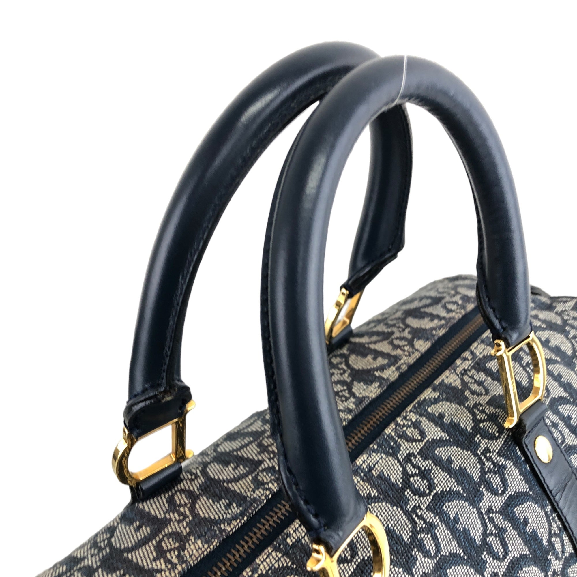 Christian Dior Trotter Padlock Jacquard Leather Handbag Boston bag Navy  Vintage z48ubd