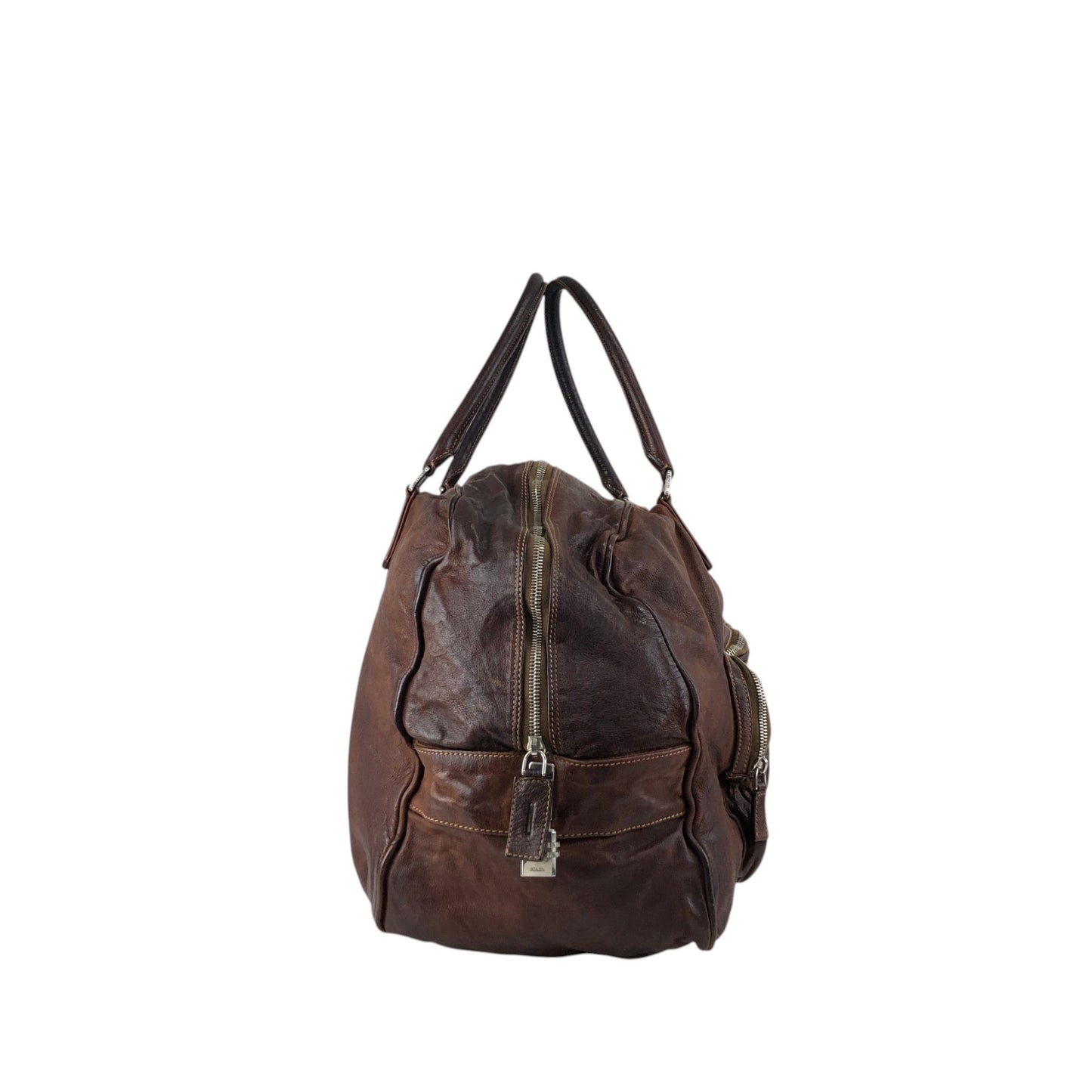 PRADA Triangle Logo Handbag Boston bag Washed leather Brown Vintage 2umzpg