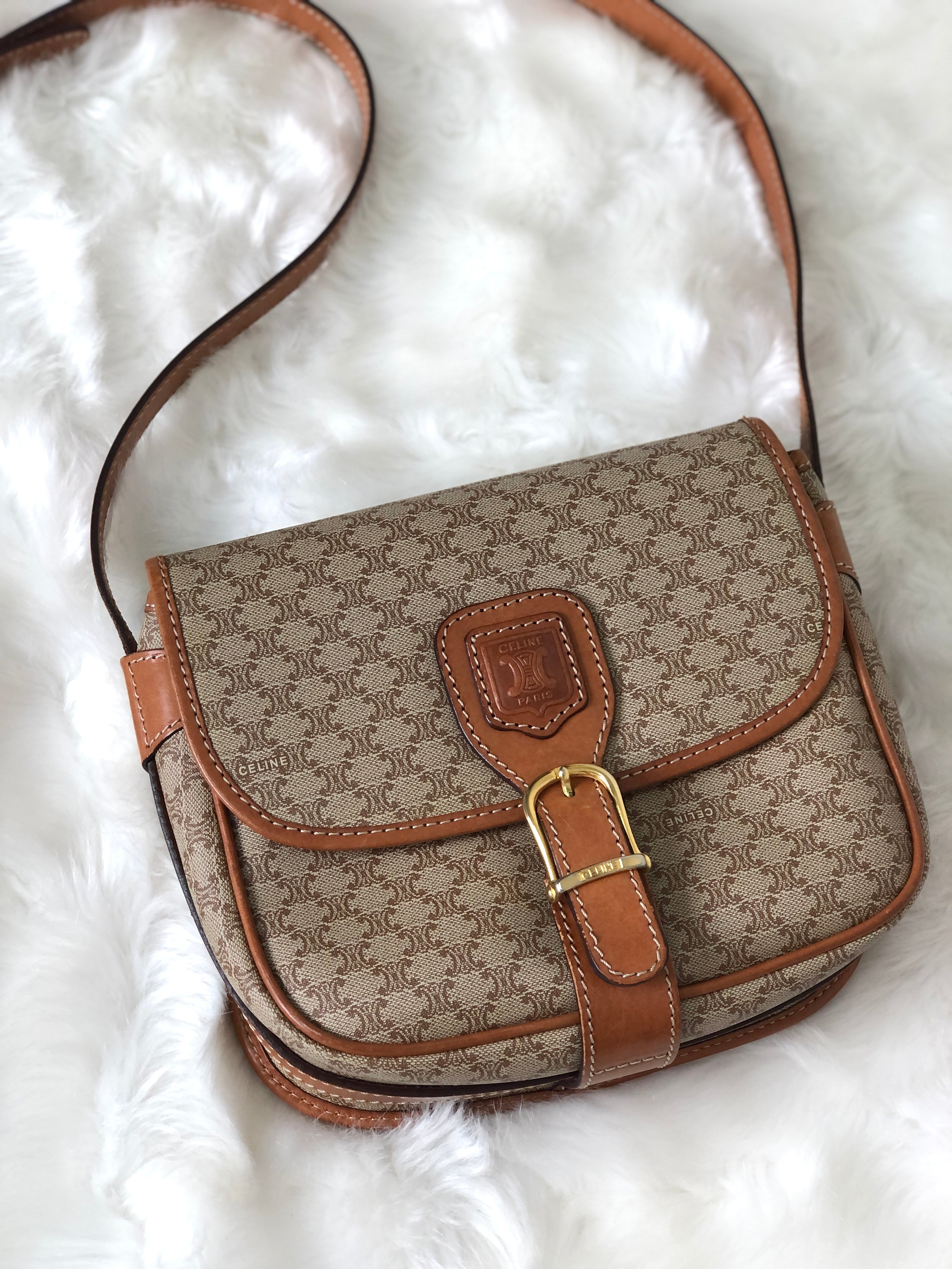 CELINE Macadam Blason Front Buckle Leather Shoulder bag Beige