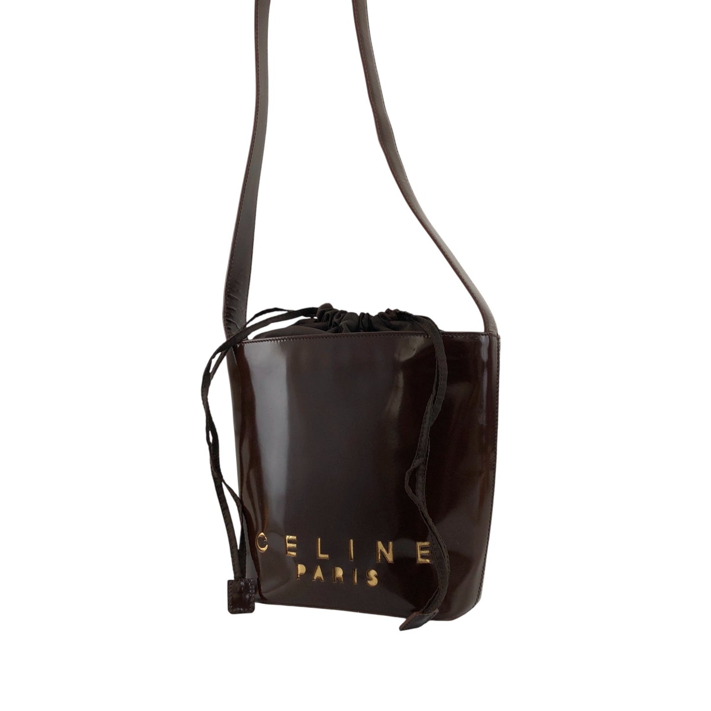 CELINE Logo Drawstring Shoulder bag Brown Vintage sjvk4h