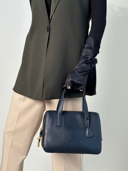 PRADA Logo Embossed Padlock Handbag Navy Vintage w43cew