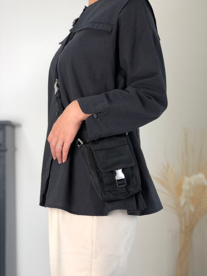PRADA Tessuto Triangle Logo Front Buckle Small Shoulder bag Black Vintage efbuwg