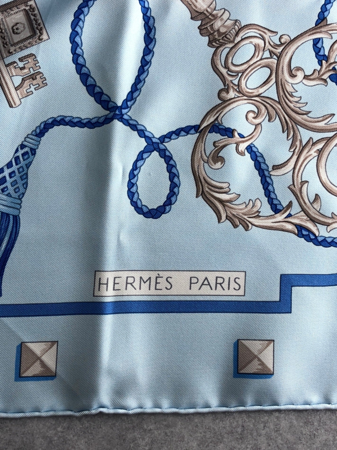 HERMES Silk Scarf Light Blue Les Cles Vintage xebh48