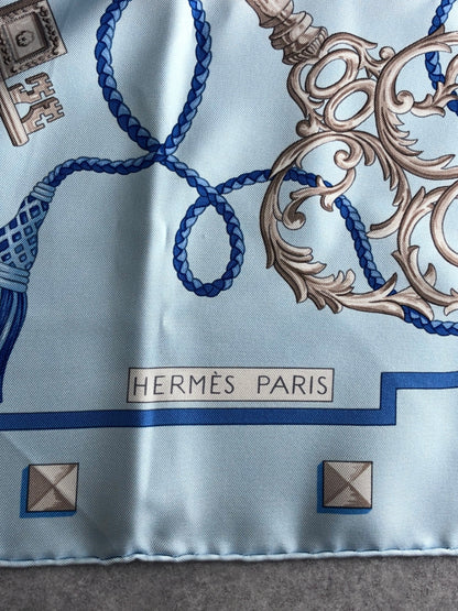 HERMES Silk Scarf Light Blue Les Cles Vintage xebh48